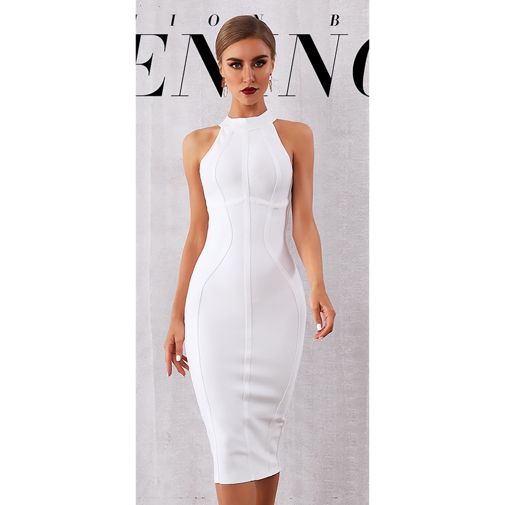 NWT White Halter Bandage Bodycon Midi Cocktail Dress